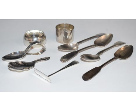 Georgian and later hallmarked silver teaspoons, two hallmarked silver napkin rings and hallmarked silver pusher, spoon and ca