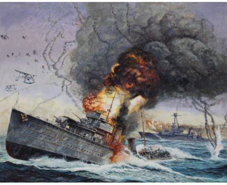 Brian Sanders (British, B. 1937) "Battle of Java Sea - Sinking of the de Ruyter" Artist notes in margins. Oil on Canvas. Prov