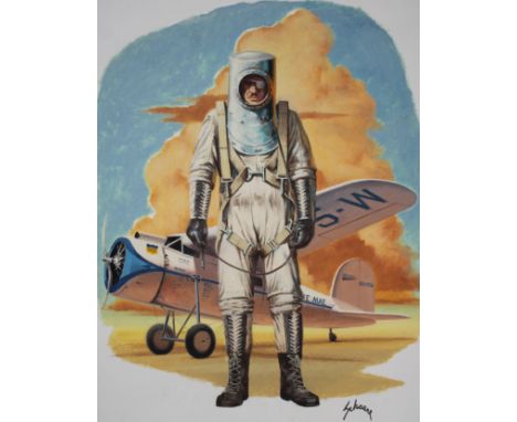 Harry Schaare (New York, Arizona, 1922 - 2008) "Wiley Post in High Altitude Suit" Signed lower right. Original Oil painting o