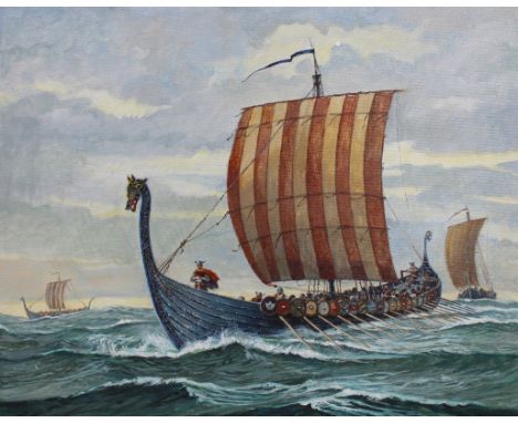 Brian Sanders (British, B. 1937) "Viking Longship" Signed lower right. Original Oil painting on Masonite. Provenance: Collect