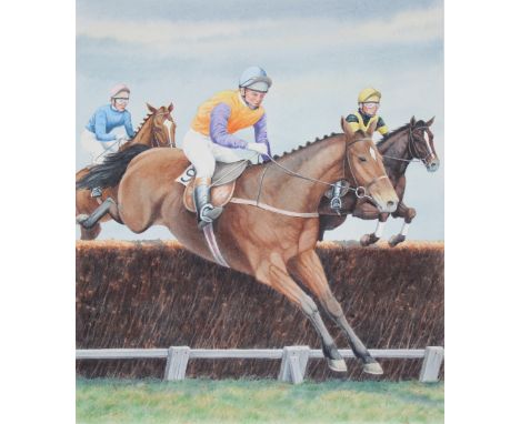 Peter Barrett (B. 1935) "Sporting Horses - Steeplechase" Signed lower left. Original Watercolor painting. Provenance: Collect