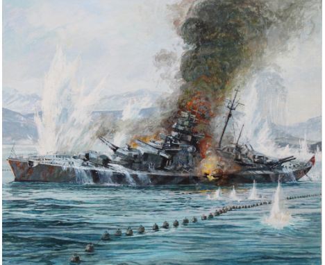 Brian Sanders (British, B. 1937) "German Battleship Tirpitz Sunk" Artist notes in margins. Original Oil painting on Masonite.