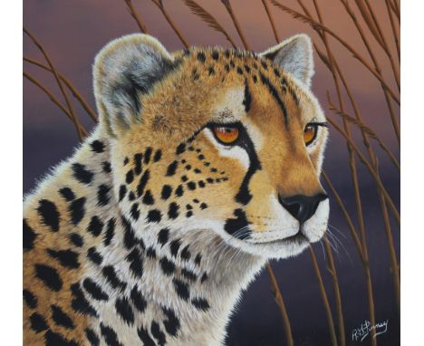 R.G. Finney (Wyoming, B. 1941) "Cheetah" Signed lower right. Original Oil painting on Masonite. Provenance: Collection of Jam