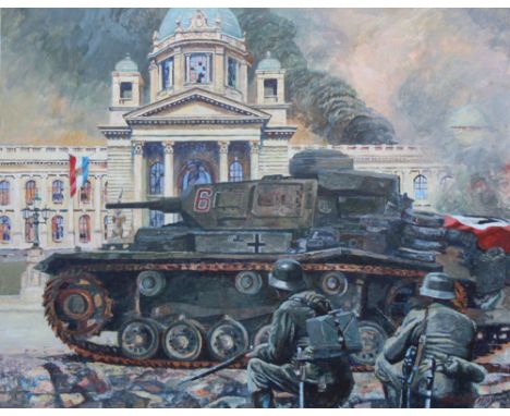 Brian Sanders (British, B. 1937) "German Invasion of Yugoslavia" Signed lower right. Original Oil painting on Canvas. Provena