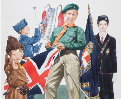 Brian Sanders (British, B. 1937) "British Youth Organizations" Watercolor on Paper. Provenance: Collection of James A. Helzer