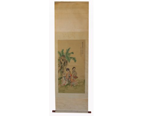 Chinese School, Signed Watercolor Scroll  Painting of Two Elegant Women.   Watercolor/ink on paper.  Calligraphy  inscription