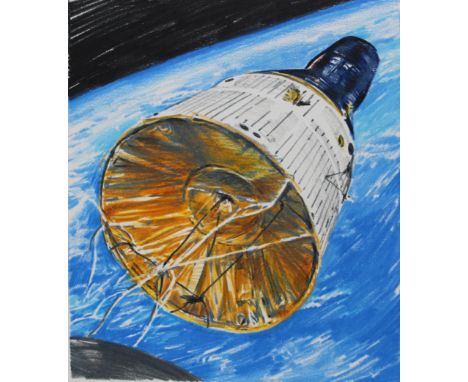 Chris Calle (American, B. 1961) "First Space Rendezvous" Signed lower right. Original Mixed Media/Pencil painting on Illustra