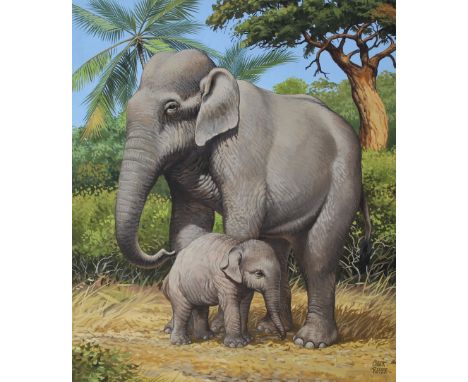 Chuck Ripper (American, B. 1929) "Mother and Baby Asian Elephants" Signed lower right. Original Gouache/Watercolor painting o