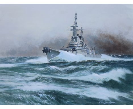 Charles J Lundgren (New York, Connecticut, 1911 - 1988) "U.S.S. Iowa" Signed lower right. Original Oil painting on Masonite. 
