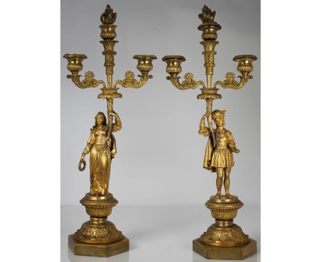 Antique French Figural Gilt Bronze Two-Arm Candelabra. Height: 17 in (each).