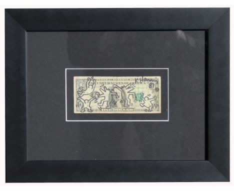 Signed "K Haring 87", Ink/Marker on Dollar Bill. Provenance: Private Florida collection. Image Size: 2.75 x 6 in. Overall Fra