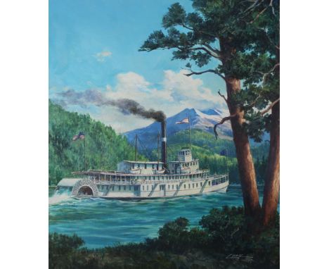 Dennis Lyall (American, B. 1946) "Bailey Gatzert Riverboat" Signed lower right. Original Oil painting on Illustration Board. 