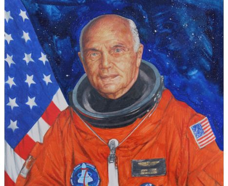 Chris Calle (B. 1961) "John Glenn 1998 in Space" Signed lower right. Original Mixed Media painting on Illustration Board. Pro