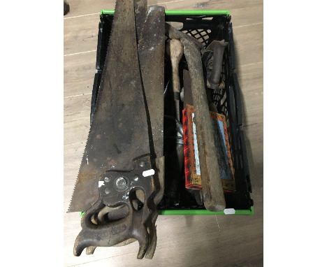 A BOX OF TOOLS INCLUDING SAWS LAWNMOWERS ETC