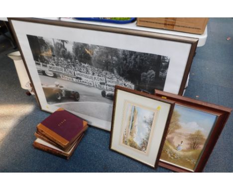 An automobile racing print, a pair of oil on boards and three volumes of Punch. (6)