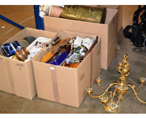 GILT FINISHED CEILING LIGHT FITTING AND 3 BOXES CONTAINING MIXED CERAMICS, WOODEN WARE AND GENERAL BRIC A BRAC     