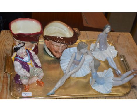 TRAY WITH 3 VARIOUS CHARACTER JUGS AND 3 NAO FIGURINES     