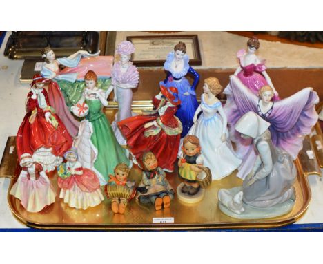 TRAY WITH VARIOUS FIGURINE ORNAMENTS, NAO, ROYAL DOULTON, HUMMEL ETC     