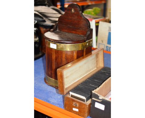VICTORIAN MAHOGANY BRASS BOUND SALT BOX AND A BOX OF MAGIC LANTERN SLIDES     