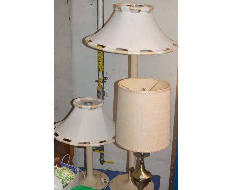 MAGAZINE RACK, FLOOR LAMP WITH SHADE WITH MATCHING TABLE LAMP AND ONE OTHER TABLE LAMP     
