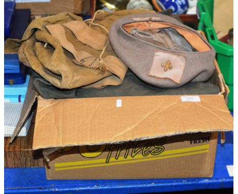 BOX CONTAINING VARIOUS ARMY CLOTHING, HAT, CANVAS BAG ETC     