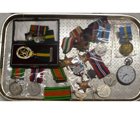 A TRAY WITH LONGINES POCKET WATCH AND VARIOUS MEDALS, WW2 MEDAL, MINIATURE DRESS MEDALS ETC     