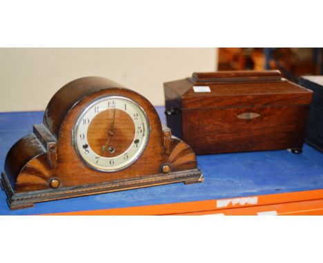 A VICTORIAN ROSEWOOD TEA CADDY AND OAK MANTLE CLOCK     