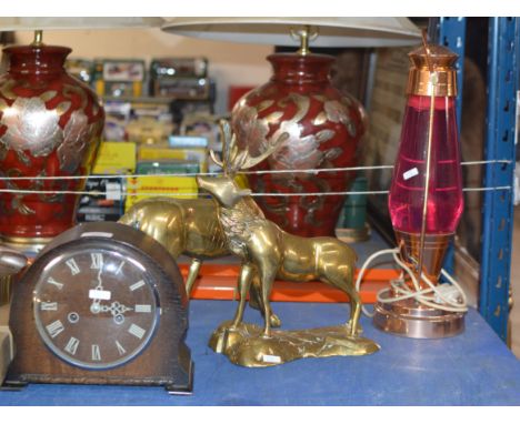 OAK CASED MANTLE CLOCK, 3 VARIOUS BRASS ORNAMENTS AND A VINTAGE LAVA LAMP     