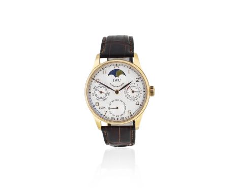 IWC. An 18K rose gold automatic perpetual calendar wristwatch with moon phase and 7 day power reserveModel: Portugese Perpetu
