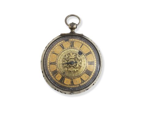 Bayes, London. A very fine and rare gilt metal key wind open face pocket clock watch with alarm and dateDate: Circa 1700Movem