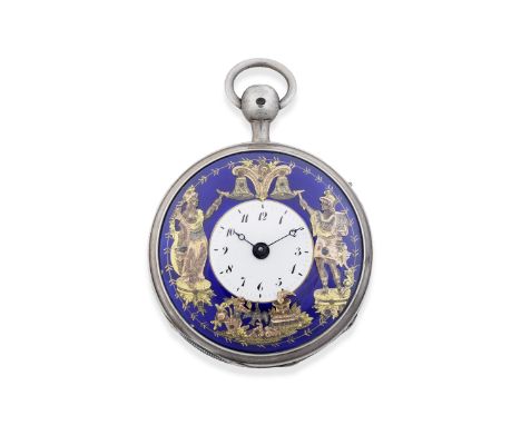 A silver key wind open face Jacquemart automaton quarter repeating pocket watchDate: Circa 1820Movement: Gilt full plate, pie