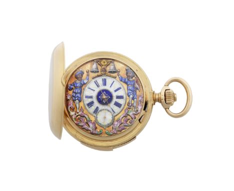 LeCoultre &amp; Co. An 18K gold and polychrome enamel keyless wind minute repeating jacquemart full hunter pocket watch with 