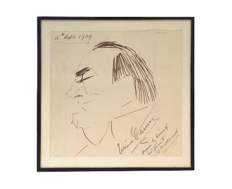FRAMED SKETCH.PEN ON PAPER SELF PORTRAIT OF ENRICO CARUSO.DRAWN BY HIMSELF & GIVEN TO D. MOTHERWELL.15TH SEPTEMBER 1909.RODMA