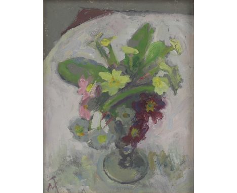 ▴ Margaret Thomas (1916-2016)Still life of a vase of spring flowerssigned with monogram l.l., inscribed 'For dear MARY with M
