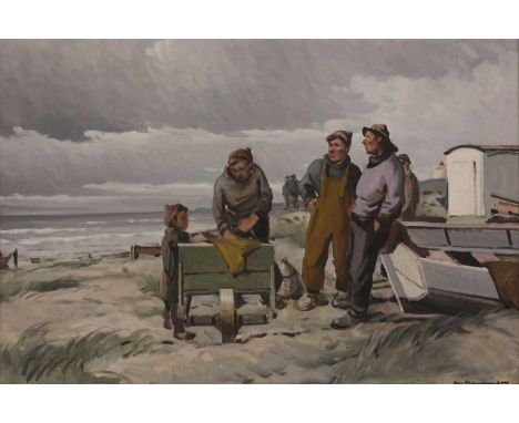 ▴ Christian Valentinusen (Danish, 1903-1985)Fishermen on the shoreindistinctly signed '... Valentinusen' l.r., oil on canvas6
