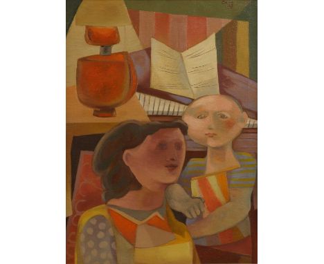 ▴ Benjamin Creme (1922-2016)'Interior with Mother and Child'signed and dated 'Creme 47' u.r., also signed, inscribed with tit