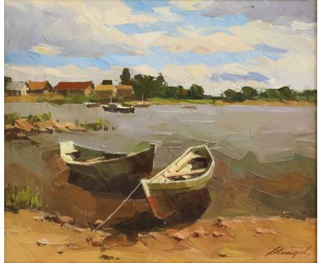 Sergei Menyayev (b.1957)Boats on the shoresigned in Cyrillic l.r., oil on canvas29.5 x 35cmCondition ReportFramed: 36 x 41cmI