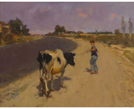 ▴ Ken Moroney (1949-2018)Coaxing the cowsigned 'Moroney' l.l., stamped 'KM' verso, oil on board43 x 53cmProvenance: Bonhams, 