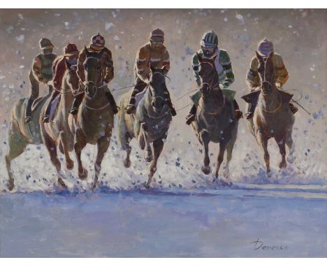 Anatoliy Demenko (Ukrainian, b.1979)Horses gallopingsigned 'Demenko' l.r., also signed, inscribed in Cyrillic and dated '2023