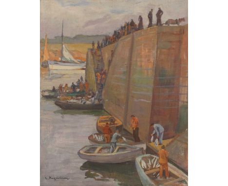 Lykourgos Kogevinas (Greek, 1887-1940)Bringing in the catch at the harbour wallssigned 'L. Kogevinas' l.l., oil on canvas boa