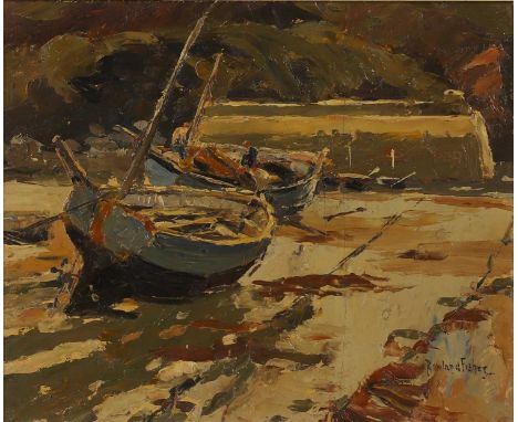 ▴ Rowland Fisher (1885-1969)'Boats at Port Issac' signed 'Rowland Fisher' l.r., inscribed with title verso, oil on board31 x 