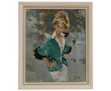 ▴ Pierre Grisot (French, 1911-1995)'A Fashionable Young Lady Promenading in a Park'signed 'Grisot' l.r., oil on canvas54 x 45