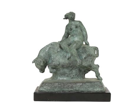 ▴ Karin Jonzen (1914-1998)'Europa and the Bull'bronze resin with a green patina, signed 'K Jonzen'18cm wide7.5cm deep21cm hig