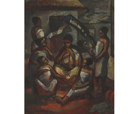 Kofi Antubam (Ghanaian, 1922-1964)Seated figuressigned and dated 'KOFI ANTUBAM.50.' l.l., oil on board66.5 x 51.5cmCondition 