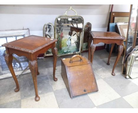 A painted mirrored folding brass firescreen, an Edward VII mahogany coal scuttle and a pair of mahogany occasional tables 