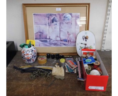 A Sir William Russell Flint print, a collection of cotton reels, brass balance scales, etc. 