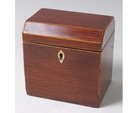 A George III partridgewood and boxwood strung tea caddy of canted rectangular form, the hinged lid revealing the remains of f