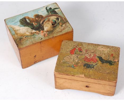 An early 20th century Swiss childs music box, the transfer printed hinge cover depicting children at play, having 3.5cm cylin