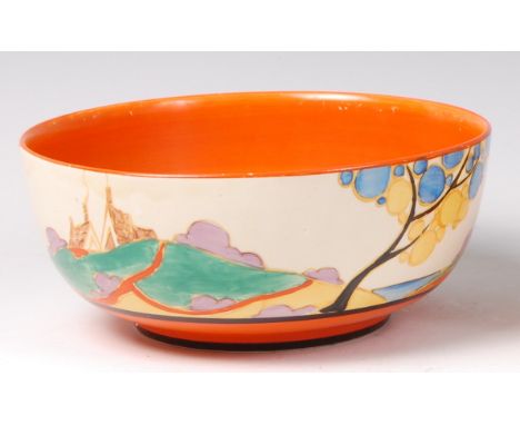 A Clarice Cliff Secrets Blue pattern pottery circular footed table bowl, having an orange banded painted interior, circa 1933