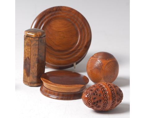 A small collection of assorted treen items, to include; turned walnut table snuff-box, of banded circular form, dia.10cm; one